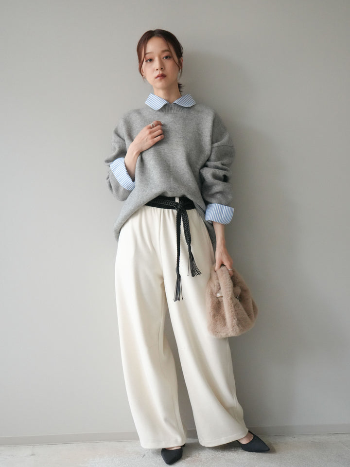 [SET]2WAYストライプ襟ニットプルオーバー+編み込みベルト付きウエスト配色スエットパンツ(2set)