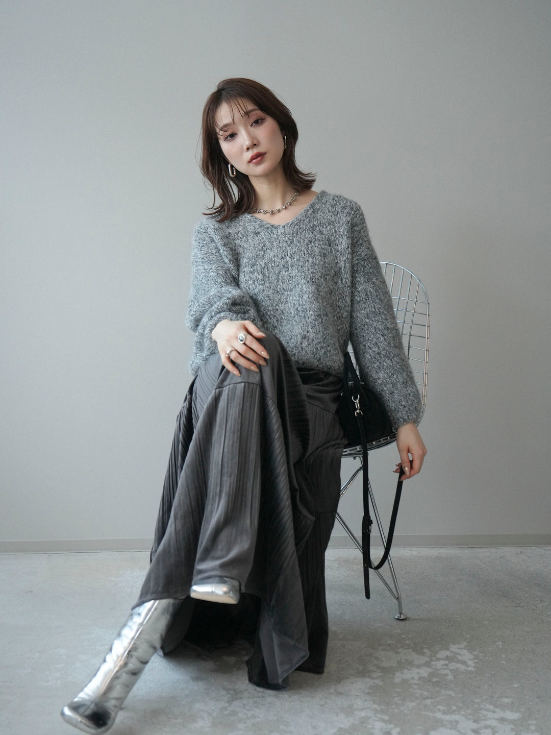 [SET]Vネックミックスヤーンニットプルオーバー+Vネックミックスヤーンニットプルオーバー(2set)