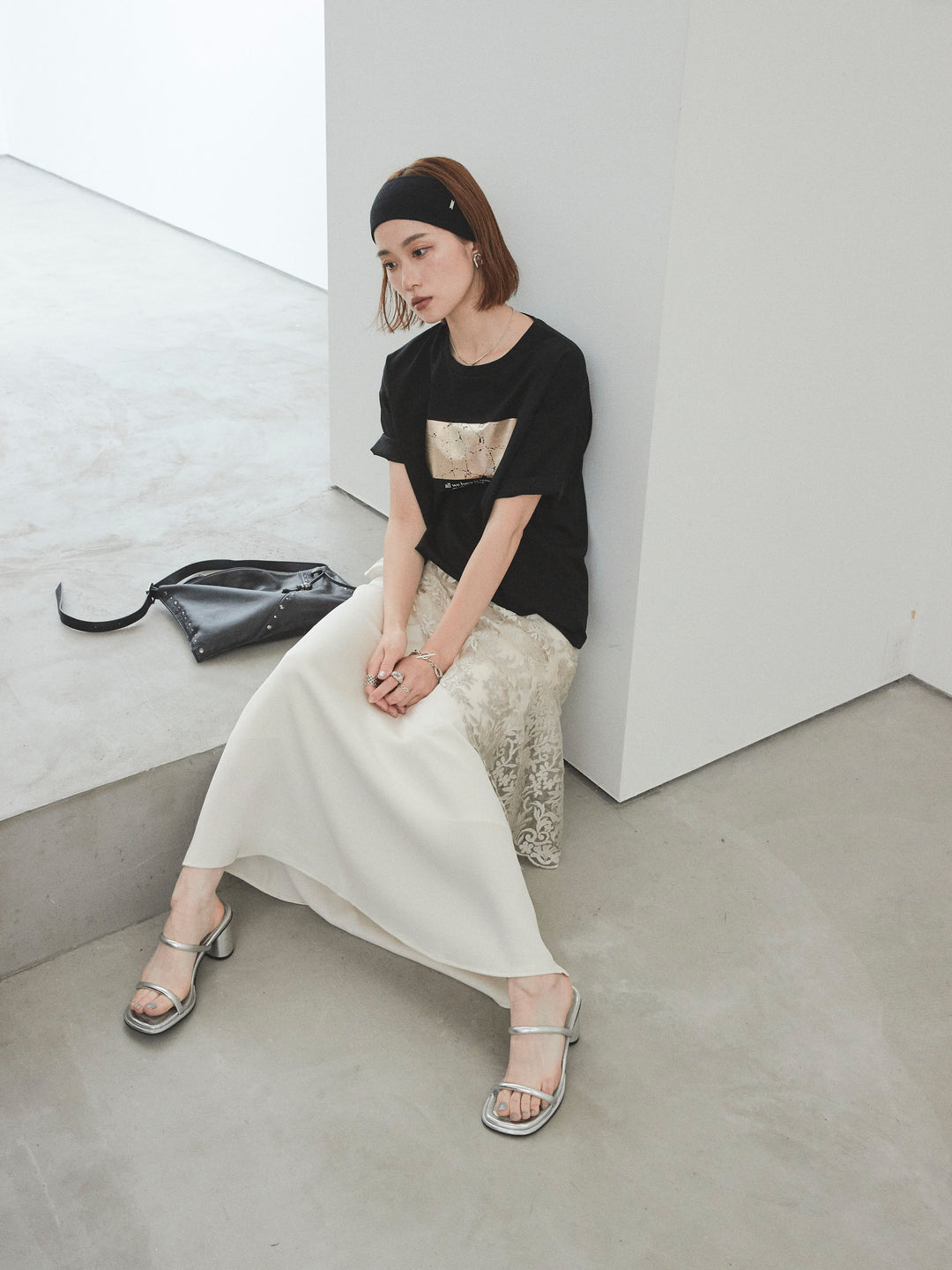 [SET]箔プリントドライタッチコットンTEE +チュールジャガードラップロングスカート(2set)