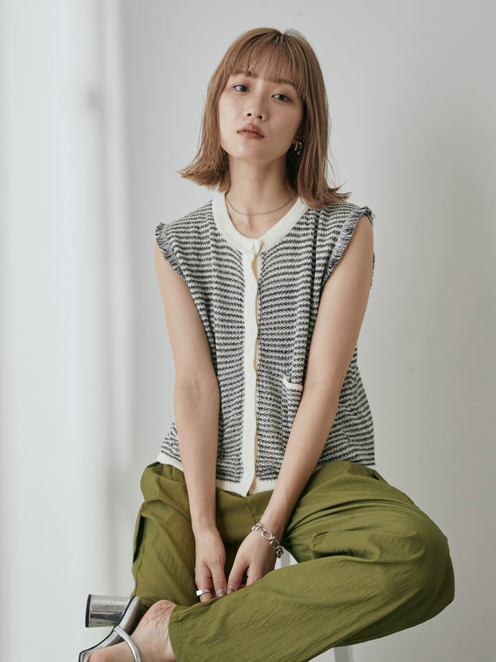 [予約]ボーダー袖フリンジニットベスト/オフ