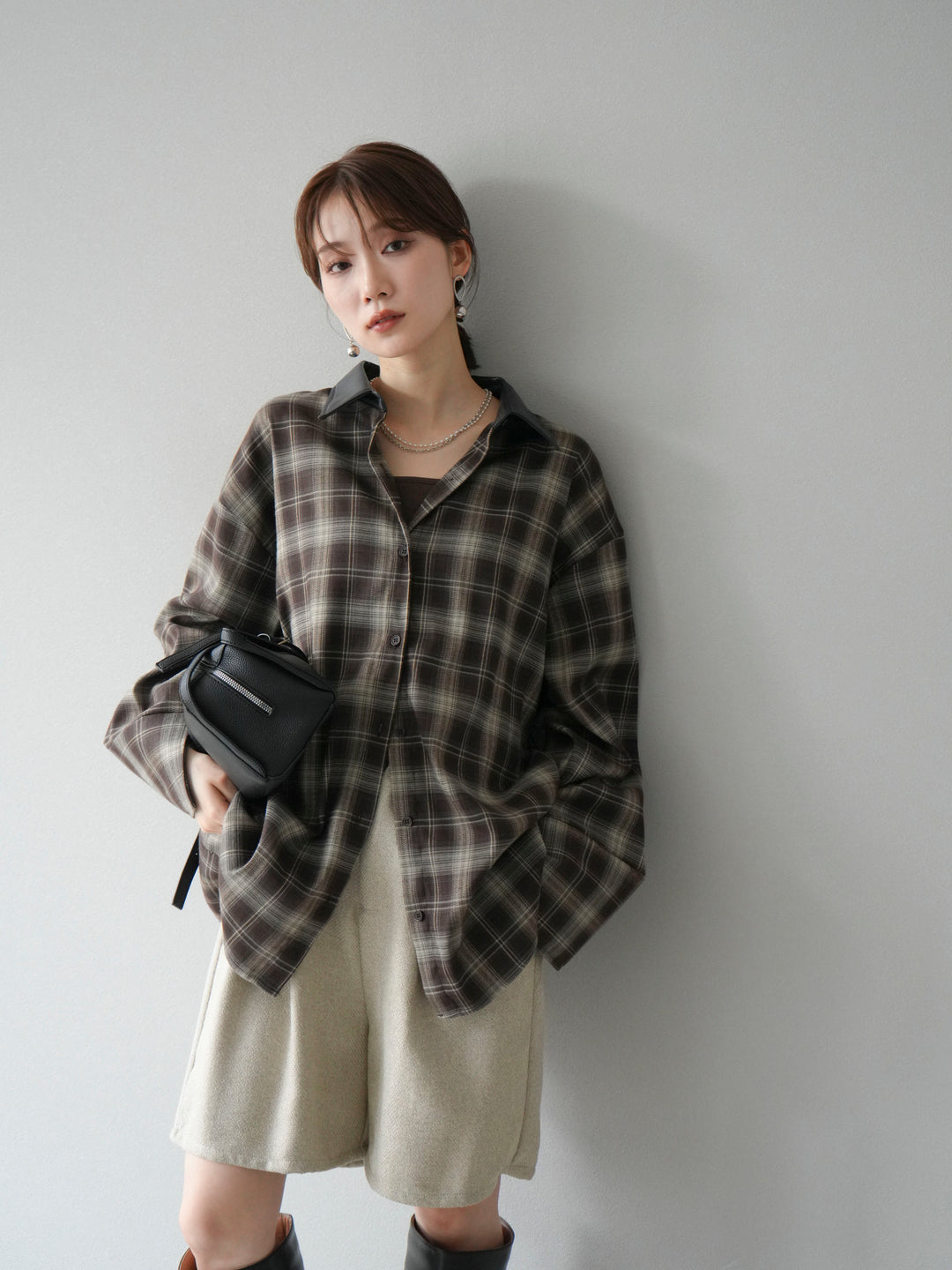 【着回しセット】[SET]レザー襟オンブレチェックオーバーシャツ +クラッシュベロアナロースカート+ツイードハーフパンツ(3set)