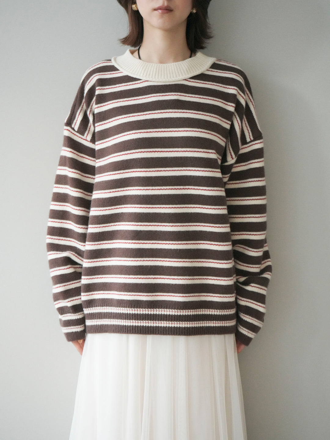 [予約]モックネックボーダーニットプルオーバー/brown