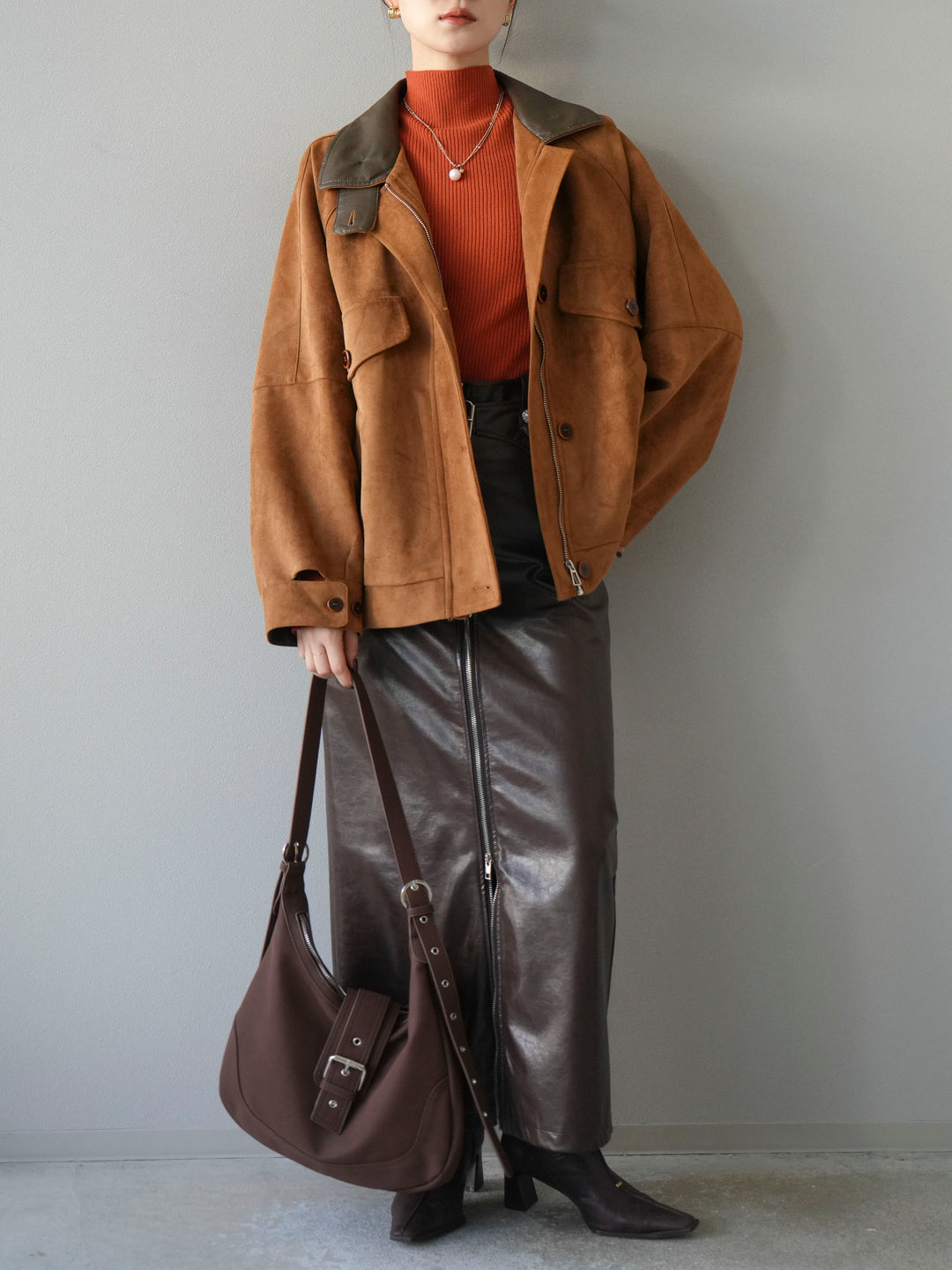 [予約]袖ボタンボトルネックリブニットトップス/オレンジ