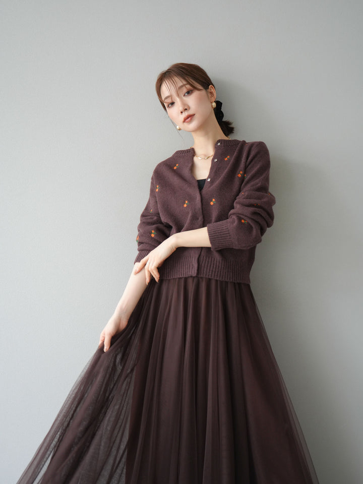 [SET]フラワー刺繍ニットカーディガン+チュールボリュームスカート(2set)