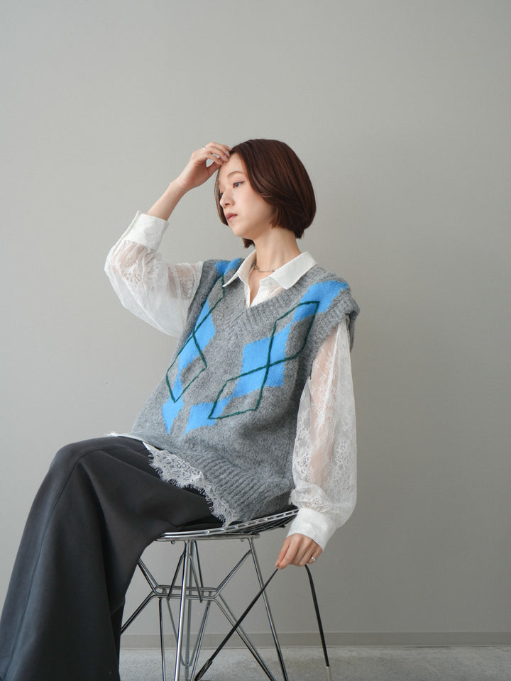 [SET]アーガイルVネックニットベスト+選べるアクセセット(2set)