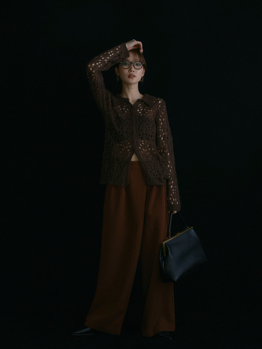 【Allure】[SET]ローゲージ透かし編みポロニッカーディガン+ラップデザインタックワイドパンツ(2set)