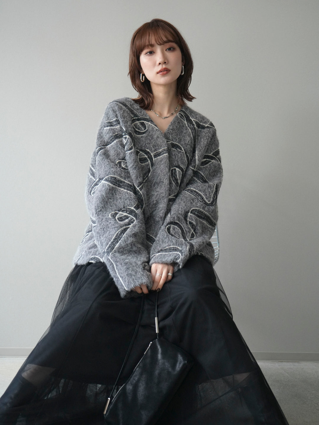 [予約]ニュアンス刺繍ブークレニットジャケット/gray