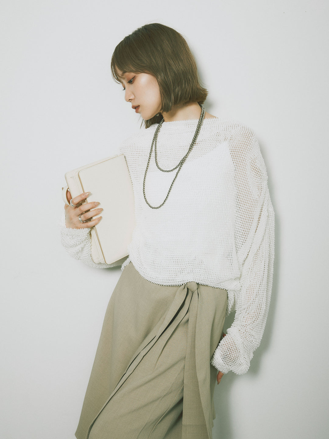 [SET] 後背垂墜網眼套頭衫+亞麻觸感裹身寬褲（2件套）