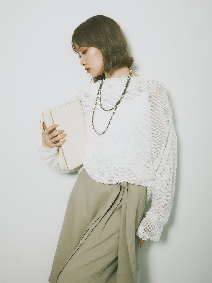 [SET] 後背垂墜網眼套頭衫+亞麻觸感裹身寬褲（2件套）