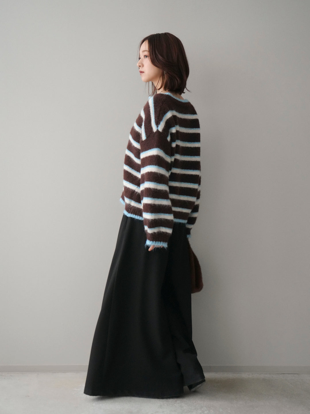 [SET]ウールタッチ配色ボーダーニットカーディガン+テープベルトタックバギーパンツ(2set)