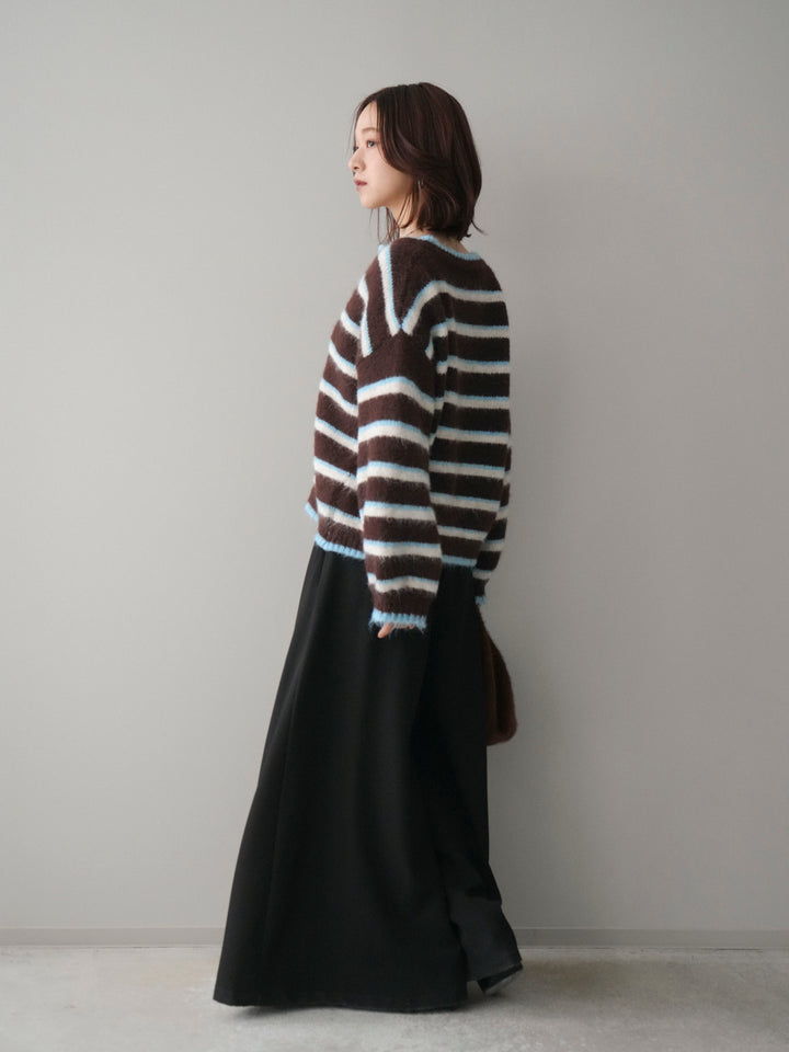 [SET]ウールタッチ配色ボーダーニットカーディガン+テープベルトタックバギーパンツ(2set)