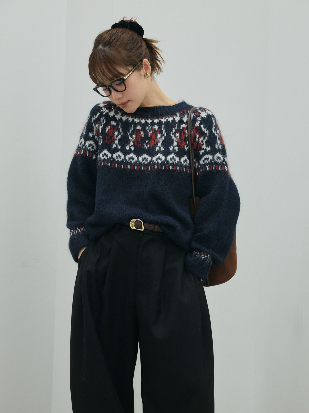 [予約]ノルディック柄モックネックオーバニットプルオーバー/navy