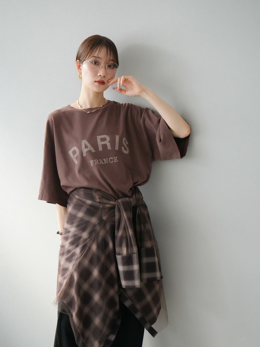 [SET]ピグメントロゴプリントTシャツ+2WAYデザインスウェットパンツ+チュールドッキングチェック柄オーバーサイズシャツ(3set)