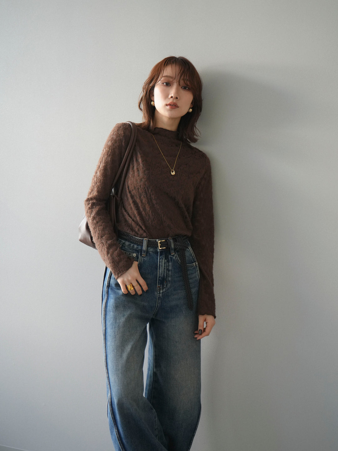 [予約]起毛レースプチネックトップス/brown