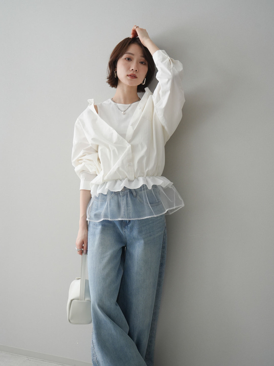 [予約]裾チュールノースリーブカットソー＆シャツドッキングトップス/white