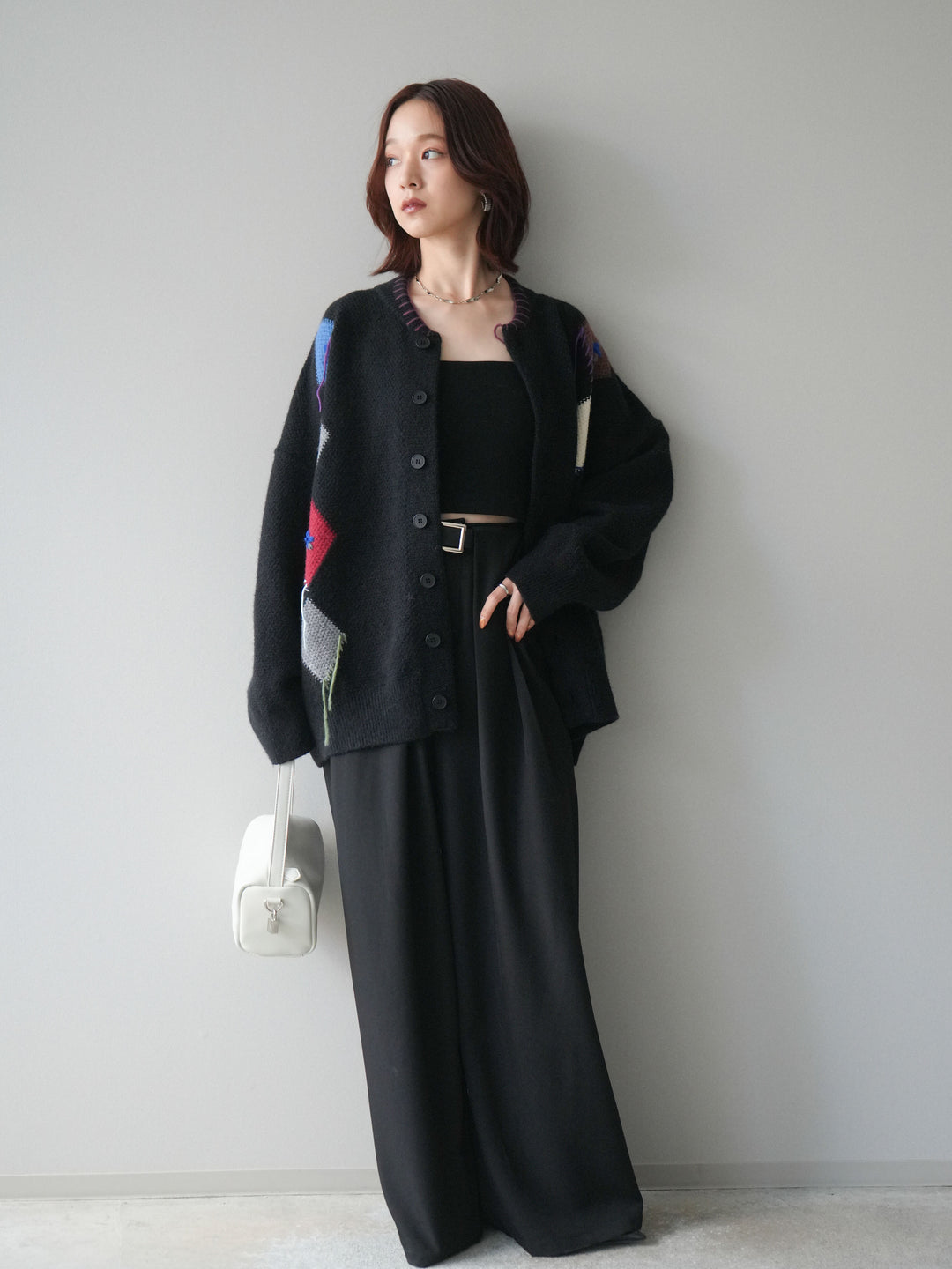 [SET]ハンドステッチアーガイルデザインニットカーディガン+ベルトループデザインワイドパンツ(2set)