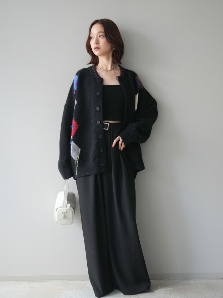[SET]ハンドステッチアーガイルデザインニットカーディガン+ベルトループデザインワイドパンツ(2set)