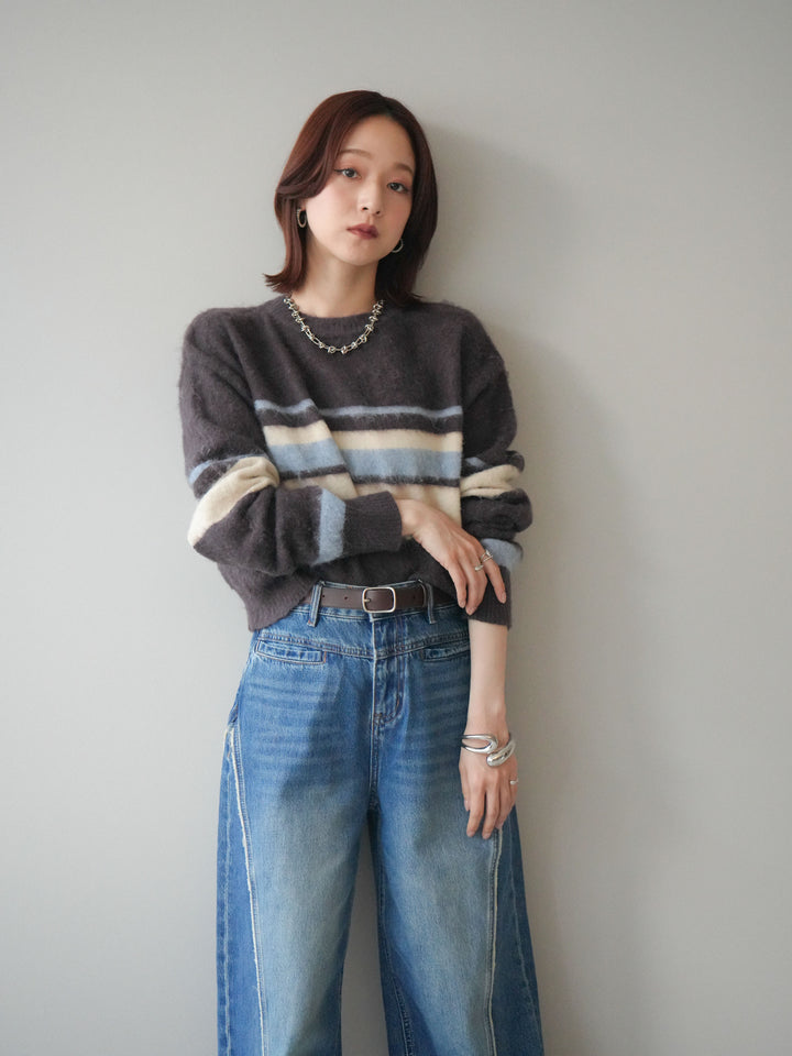 [SET]ソフトタッチボーダークロップドニットプルオーバー+サイドフリンジワイドデニムパンツ(2set)