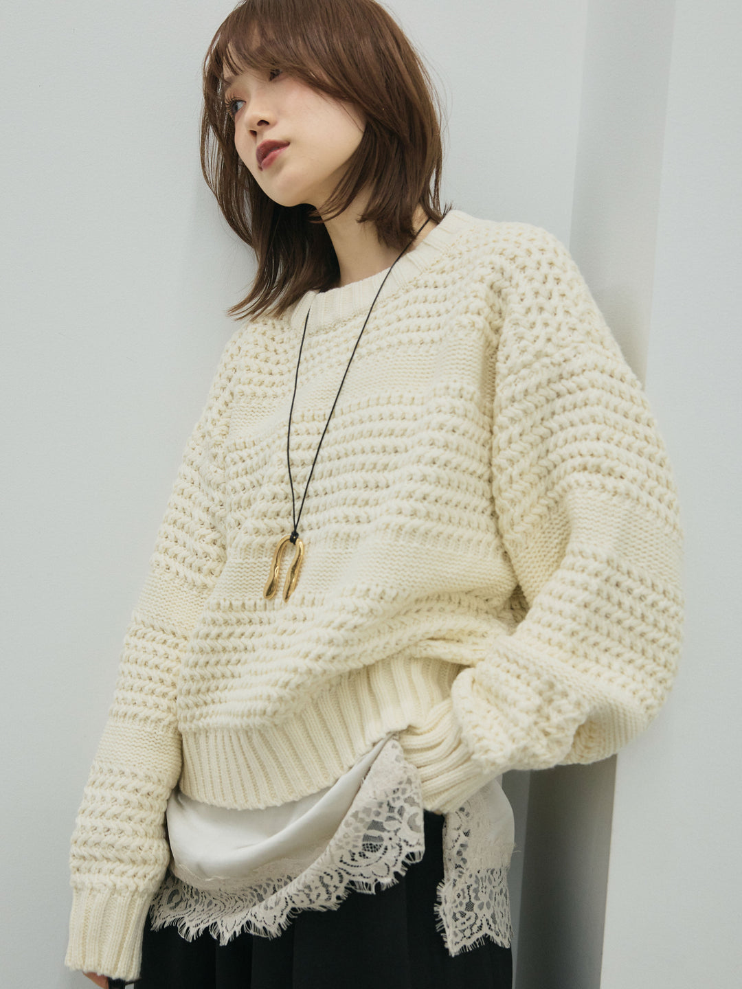 【Allure】[SET]ライン編みニットプルオーバー+ループデザインツイルワイドパンツ(2set)