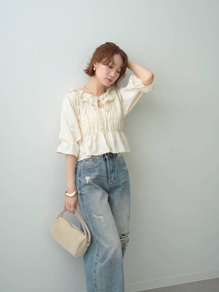 [SET]フリルネックシャーリングブラウス+ダメージデニムセミワイドパンツ(2set)