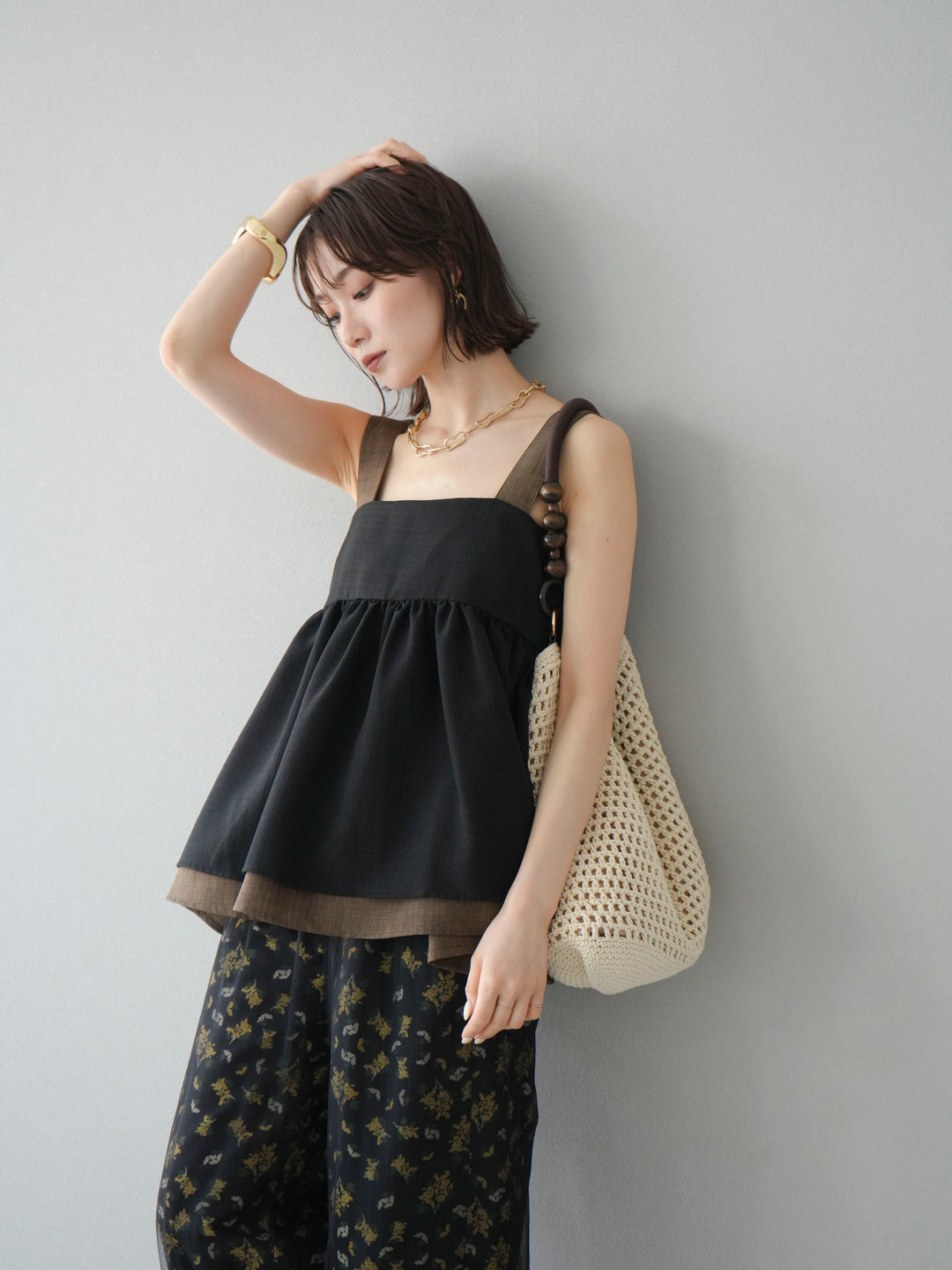 [SET]リネンライク配色フレアタンクトップ+ブーケプリントタックパンツ(2set)
