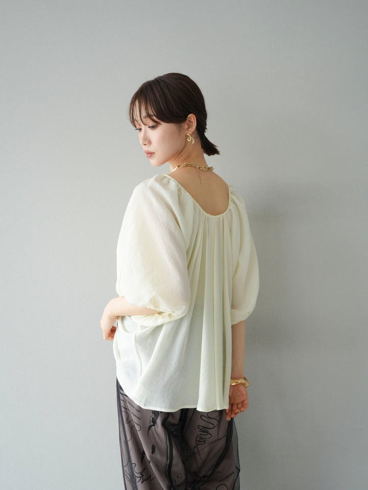 [SET]ボリュームスリーブシアータックブラウス+コード刺繍チュールレイヤードパンツ(2set)