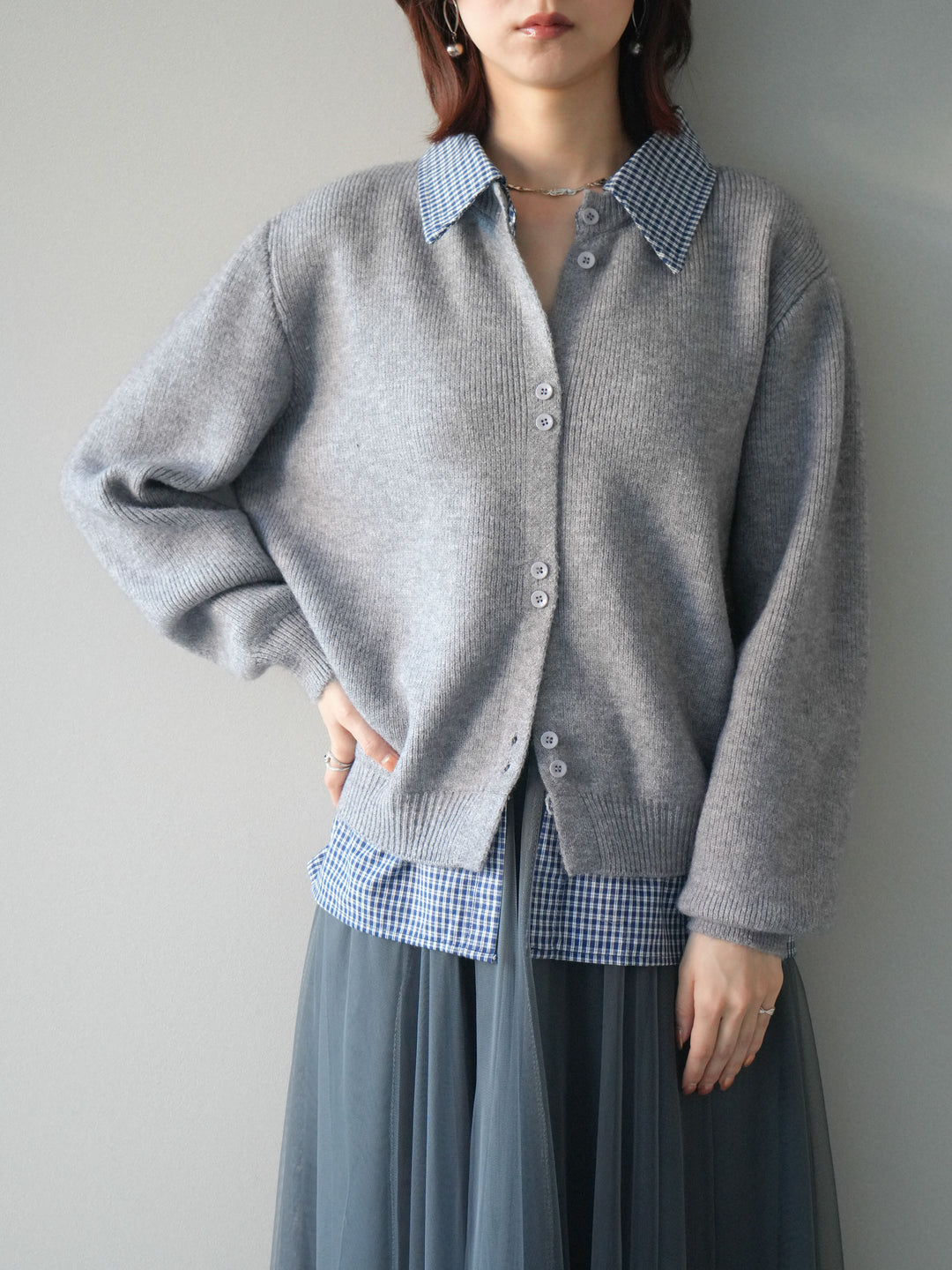 [SET]チェックシャツ襟ニットカーディガン+チュールボリュームスカート(2set)