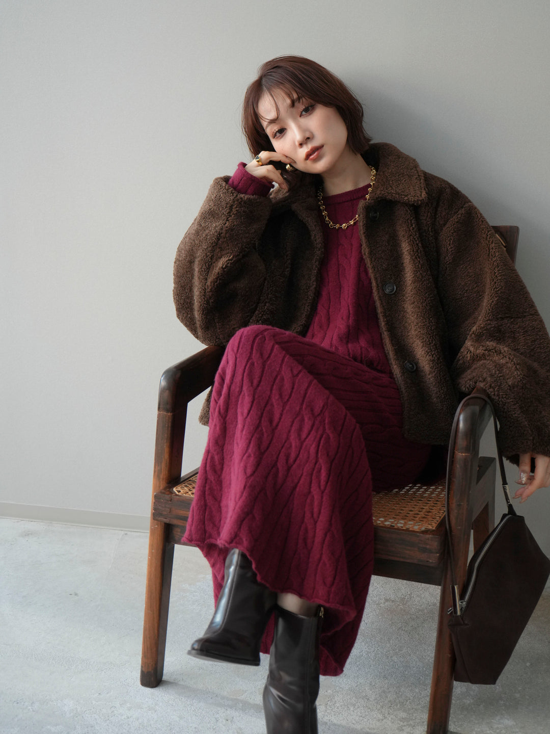 [SET]エコファーステンカラージャケット+ストール付ケーブルニットプルオーバー&ロングスカートSET UP(2set)