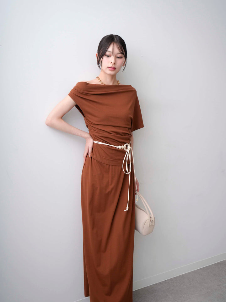 [SET]ベルト付アシメドレープカットソー＆スリットIラインスカートSET UP(2SET)