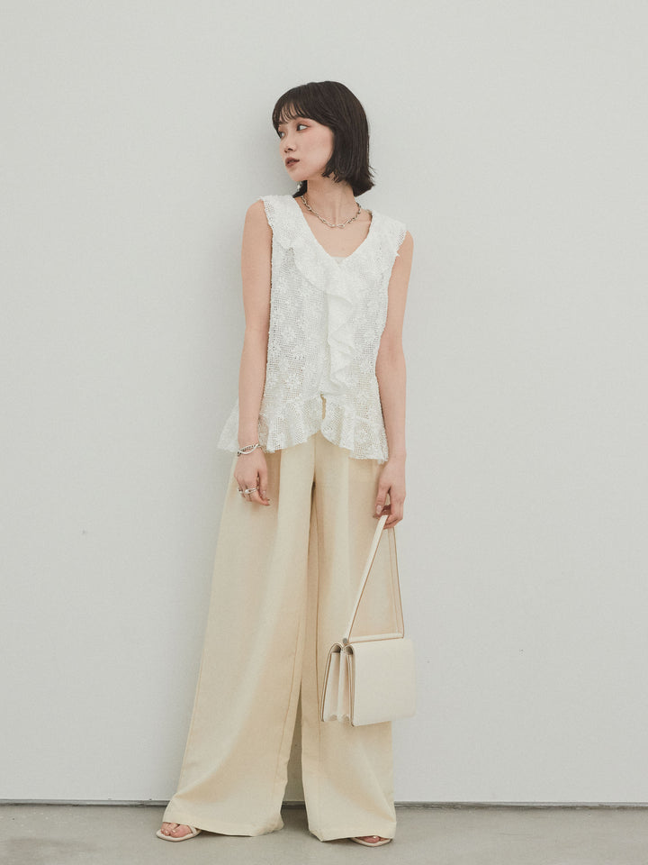 [SET]テープヤーンラッフルノースリトップス+リネンタッチタックワイドパンツ (2set)