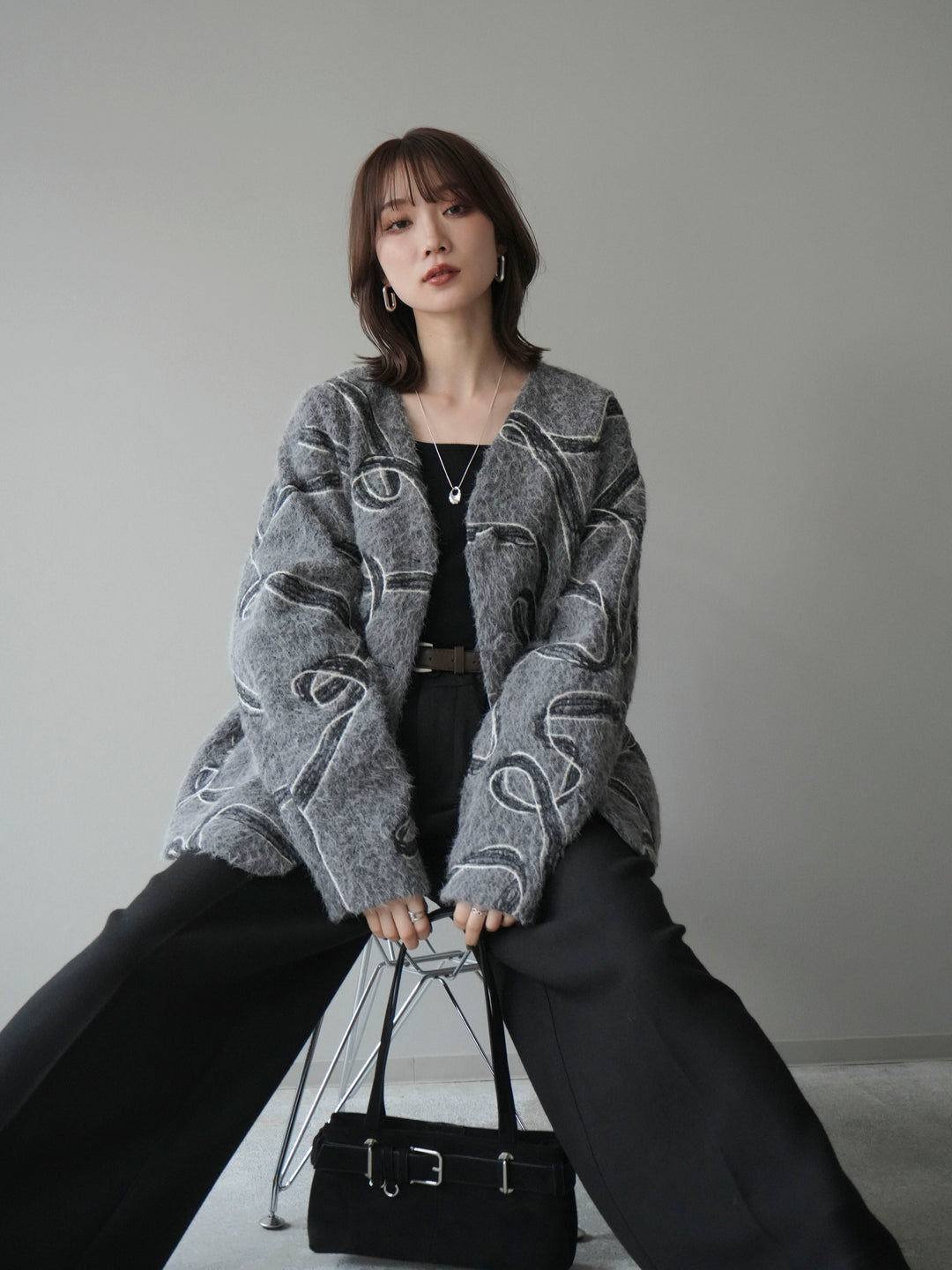 [予約]ニュアンス刺繍ブークレニットジャケット/gray