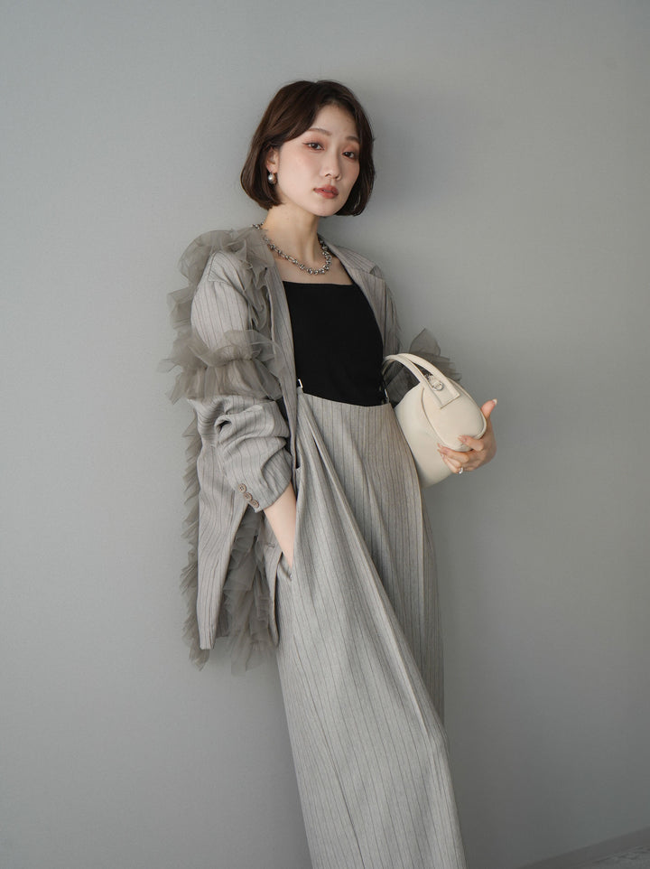 [予約]アシンメトリーチュールストライプジャケット/greige