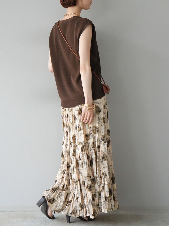 [SET] V領人造絲針織背心+花邊長裙（2件組）