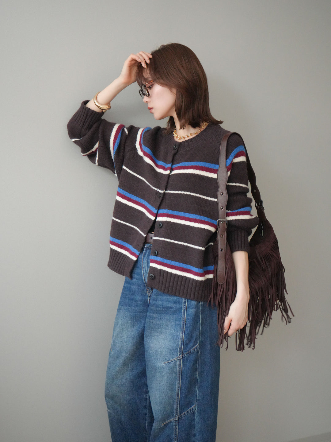 [予約]ランダムボーダーニットカーディガン/brown