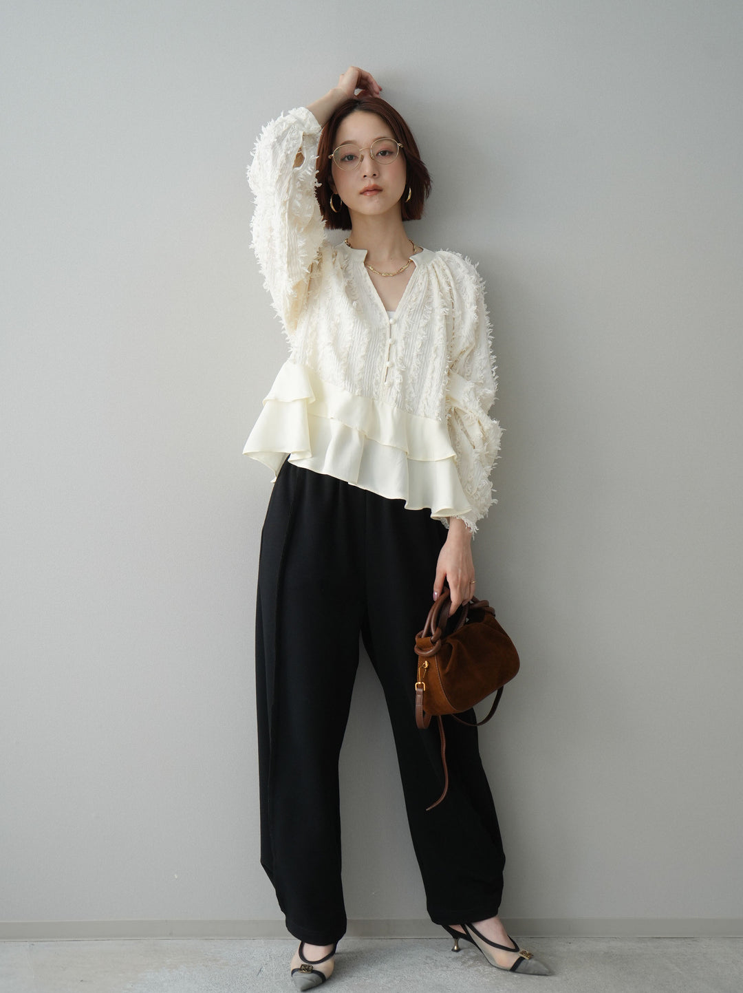 [SET]ジャガードぺプラムフリルブラウス+2WAYデザインスウェットパンツ(2set)