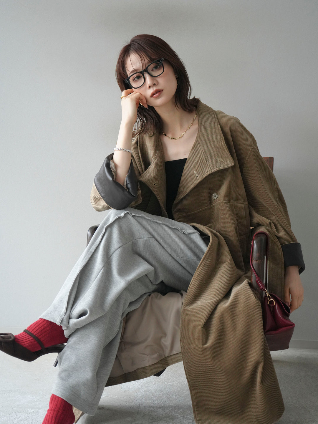 [予約]コーデュロイ折り返しレザーロングコート/beige