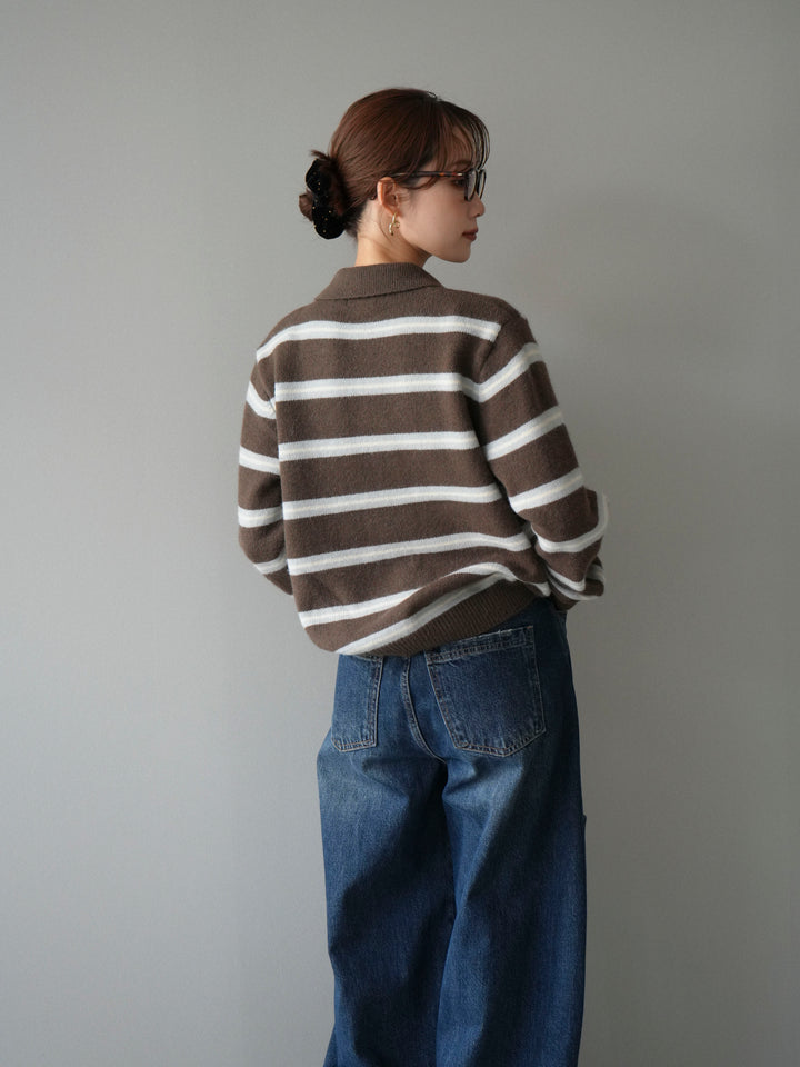 [予約]ボウタイボーダーニットカーディガン/brown