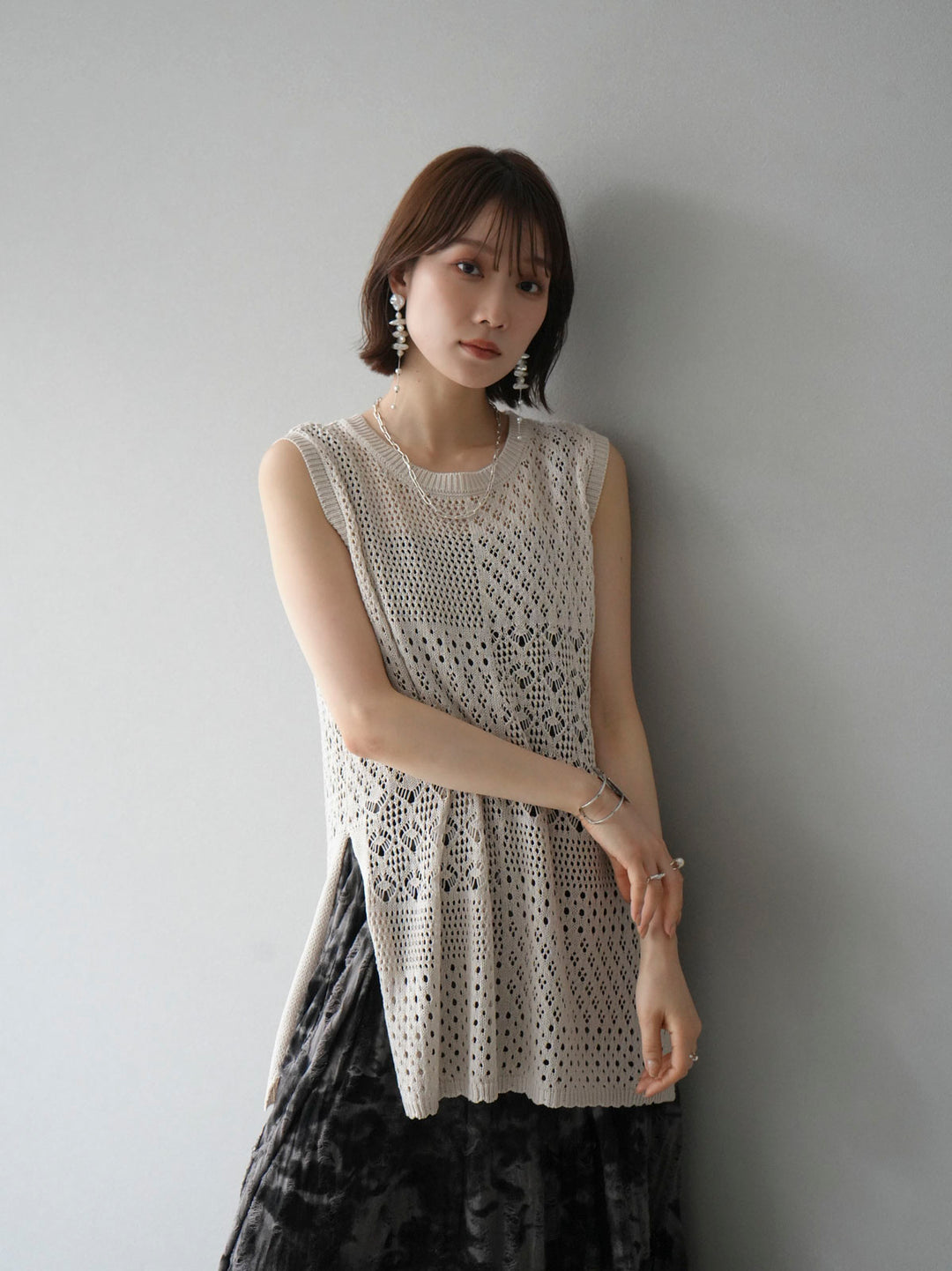 [Pre-order] Damaged Nuance Pattern Braided String Cami Dress/Brown