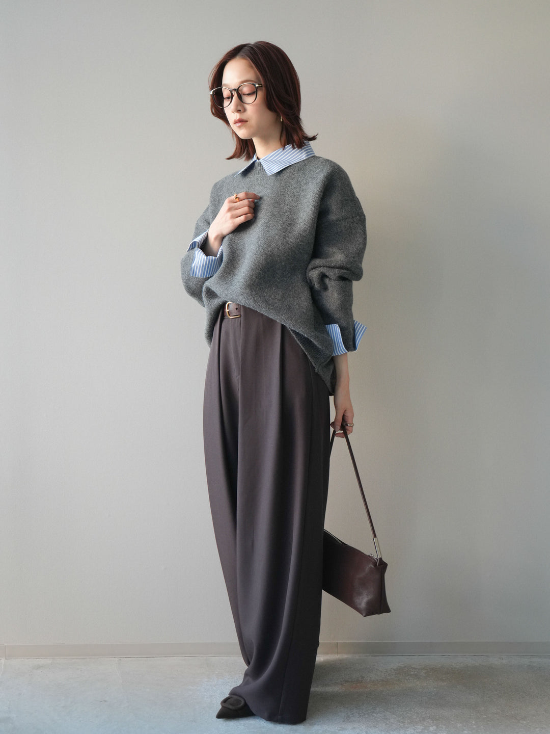 [SET]2WAYストライプ襟ニットプルオーバー+ベルトループデザインワイドパンツ(2set)