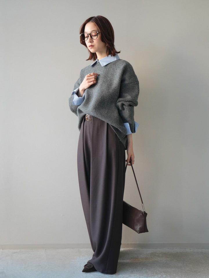 [SET]2WAYストライプ襟ニットプルオーバー+ベルトループデザインワイドパンツ(2set)