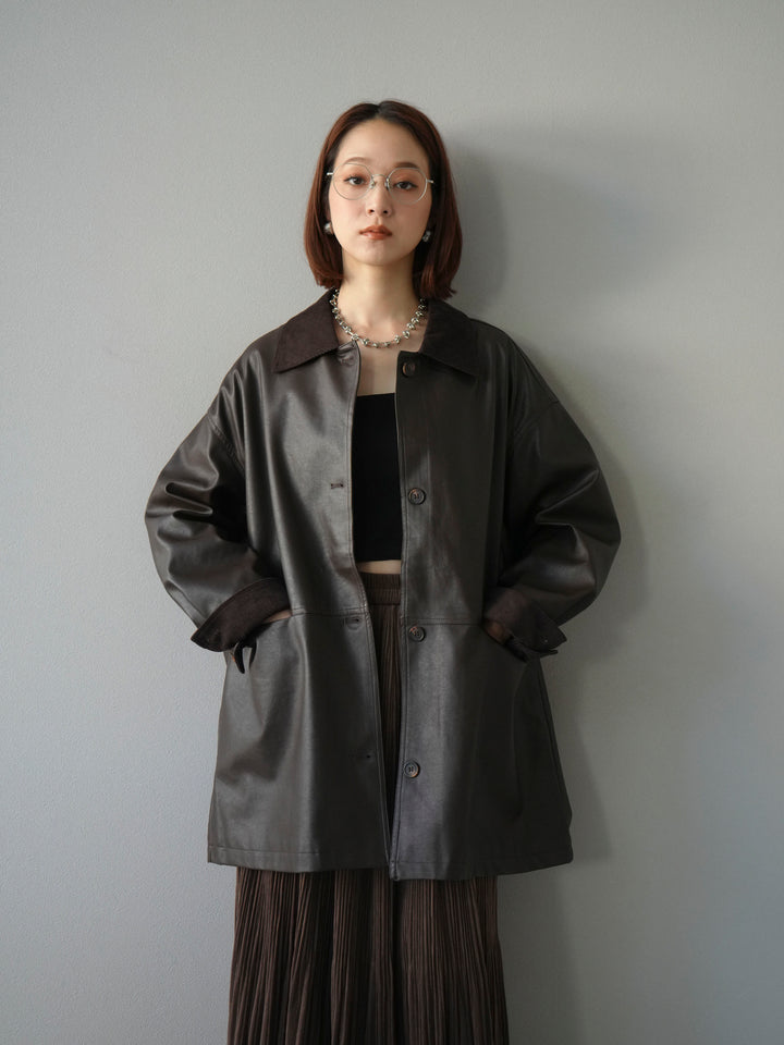 [予約]コーデュロイ襟レザーステンカラージャケット/ブラウン