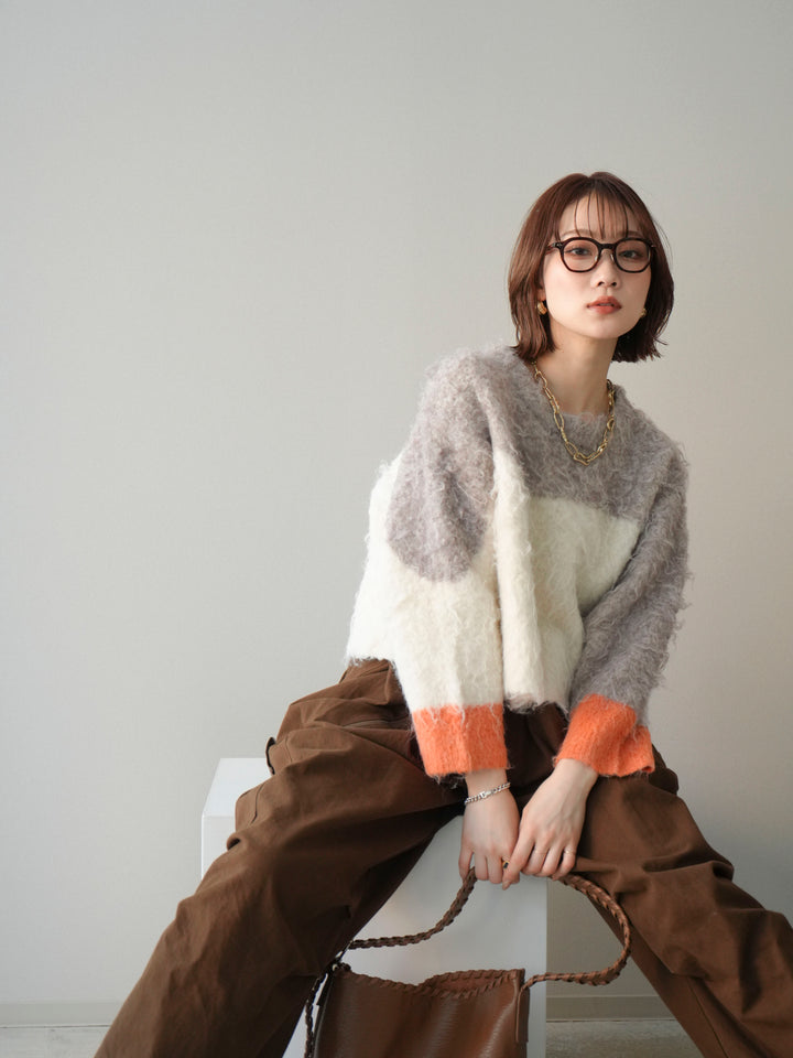 [SET]バイカラーモヘアタッチニットプルオーバー+選べるアクセセット(2set)