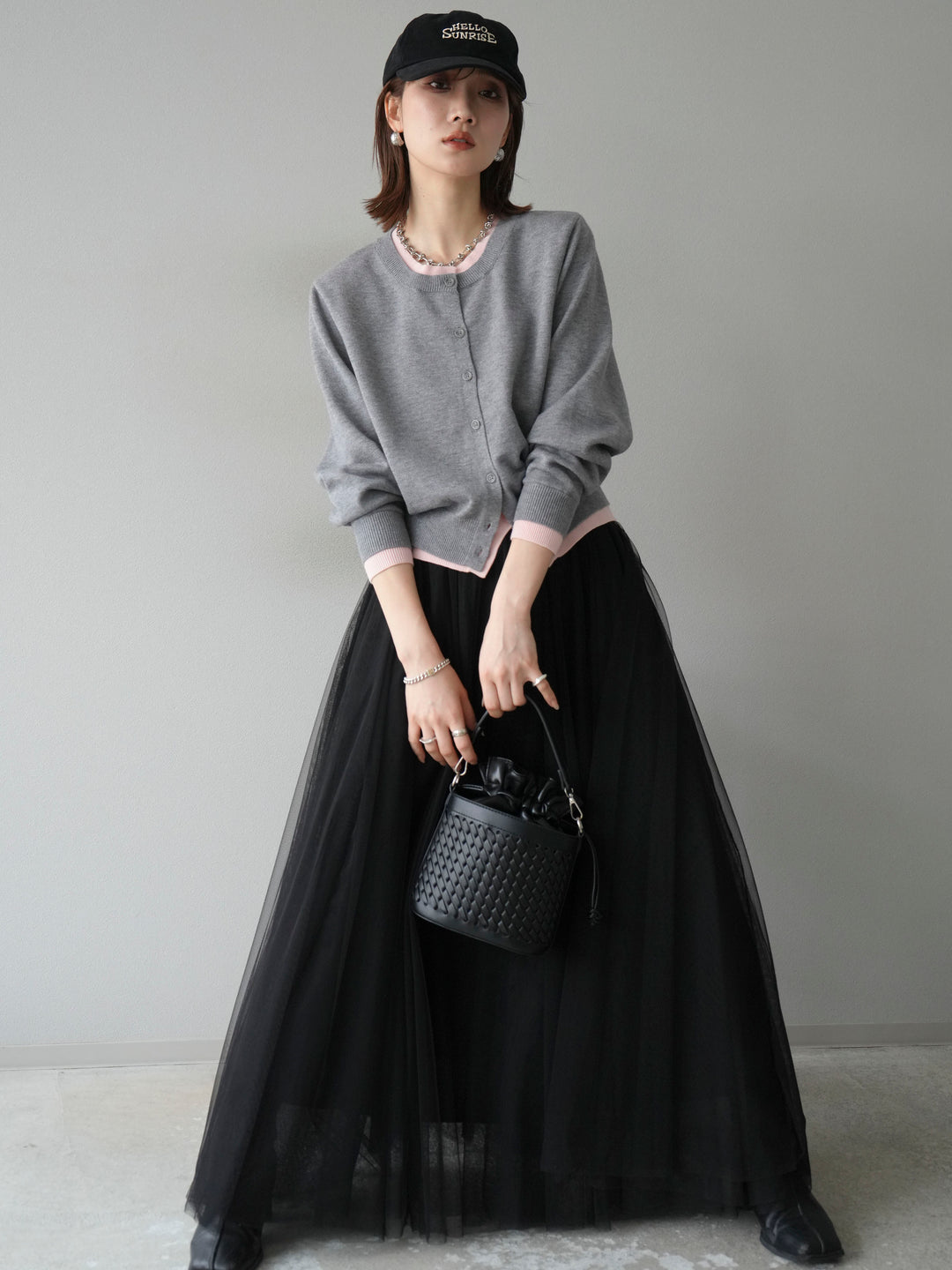 [SET]配色レイヤードカーディガン+チュールボリュームスカート(2set)