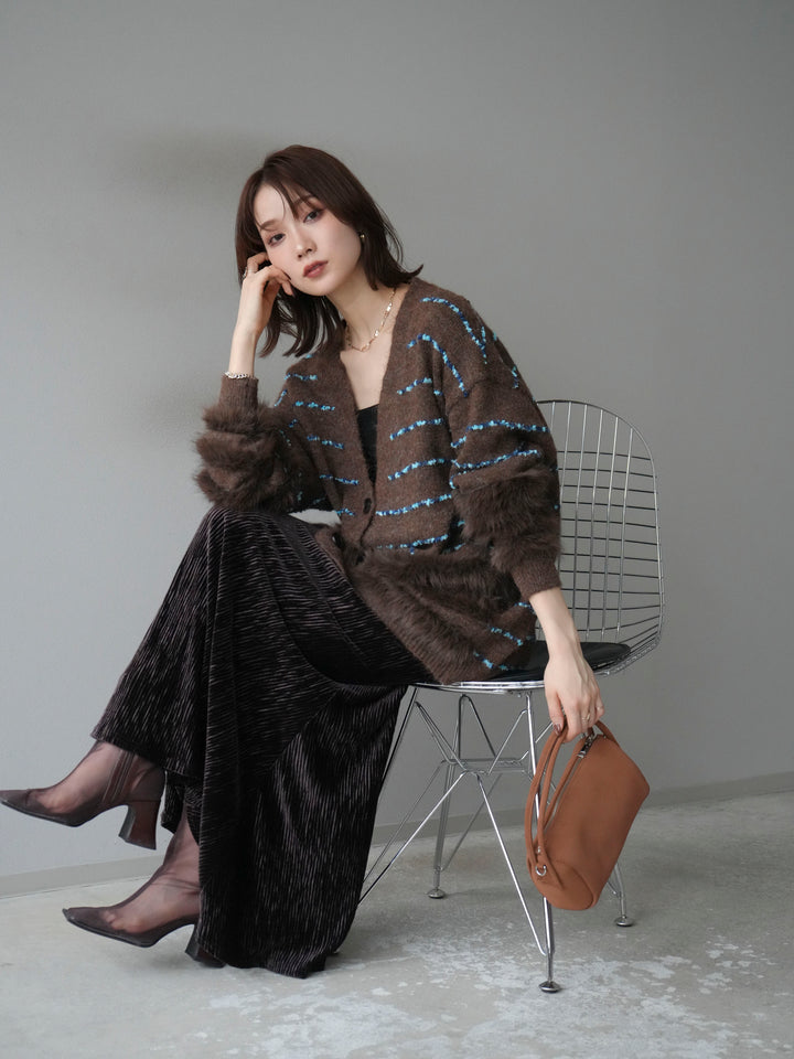 [SET]フェザーライン配色シャギーニットカーディガン+ベロアプリーツナロースカート(2set)