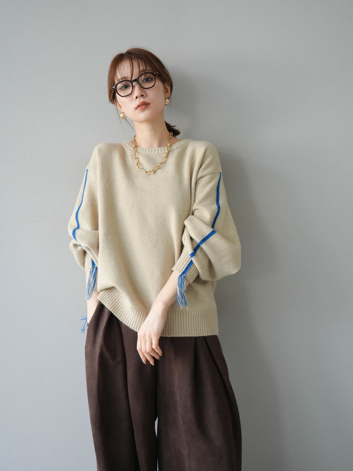 [SET]配色ステッチフリンジニットプルオーバー +スウェードタックワイドパンツ(2set)