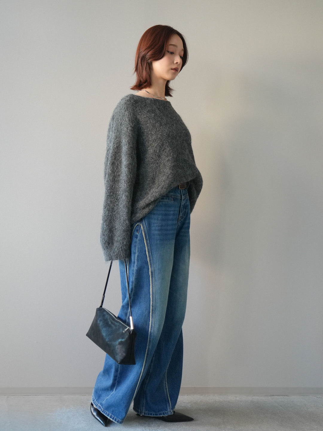 [SET]透かしデザインニットプルオーバー+サイドフリンジワイドデニムパンツ(2set)