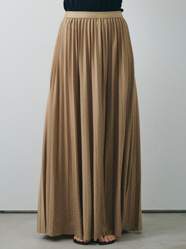 [予約]ラインストーンプリーツスカート/ベージュ