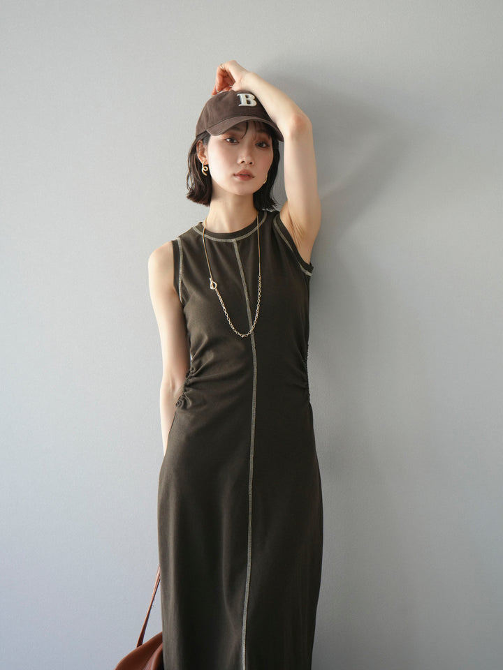 [予約]ウエストオープンステッチカットワンピース/ブラウン