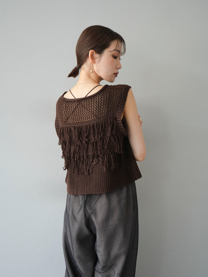 [SET]透かし編みフリンジニットトップス+コード刺繍チュールレイヤードパンツ(2set)