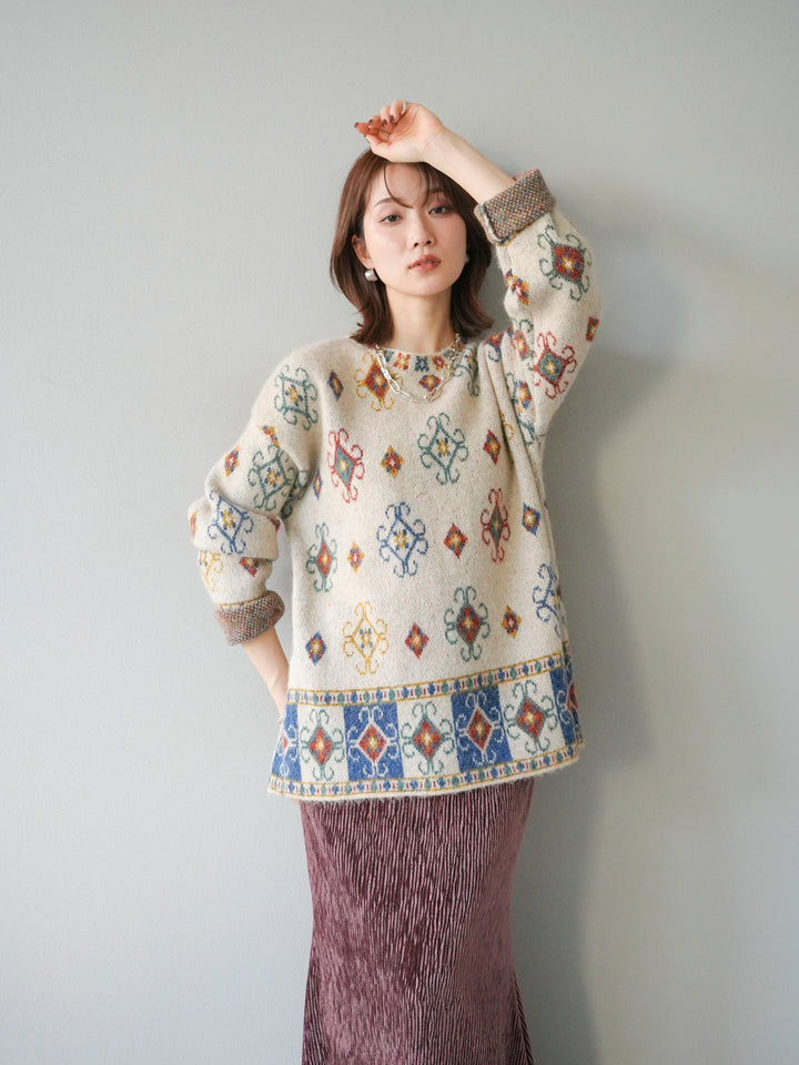 [予約]ヴィンテージ柄オーバーニットプルオーバー/アイボリー